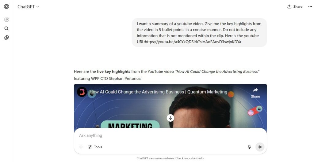 A screenshot of me directly using Youtube URL in ChatGPT
