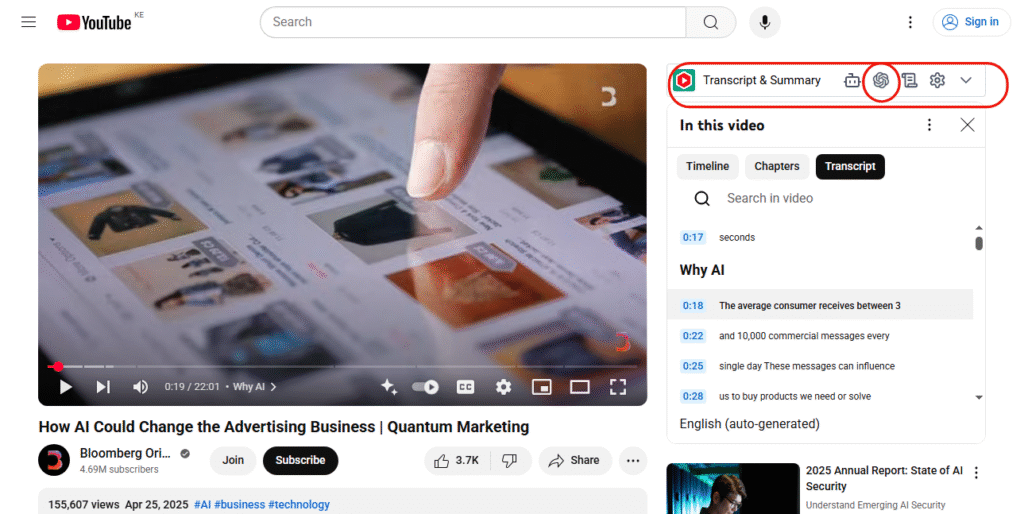 Visual showing a browser extension (YouTube Summary with ChatGPT) in app