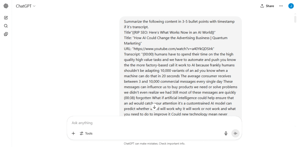 ChatGPT Summary Prompt request