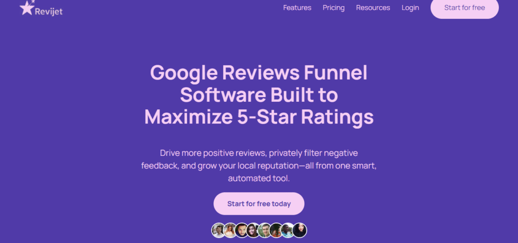 Screenshot of Revjet's Google Reviews Funnel software homepage