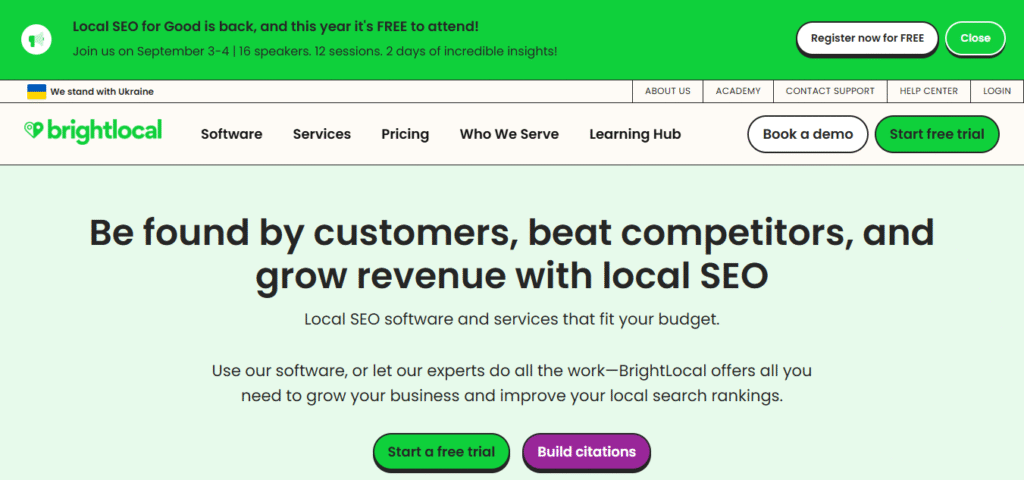 Screenshot of the BrightLocal website for local business growth